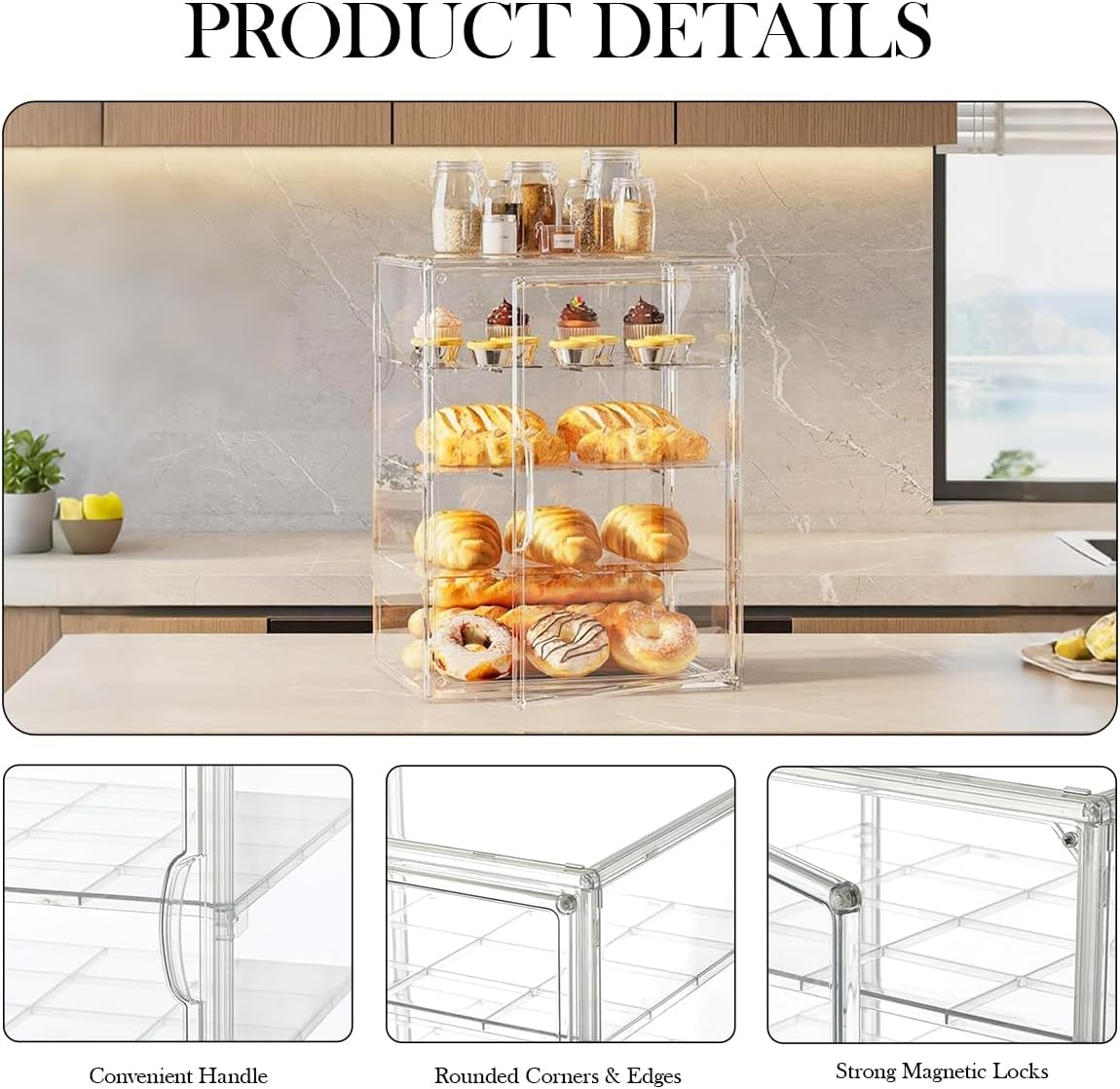 Blissify Pastry Display Case, 4 Layers Adjustable Clear Cookie Display, Acrylic Bread Storage Container with Magnetic Door, Bakery Display Case Countertop for Bread, Bagel, Muffins image number 2