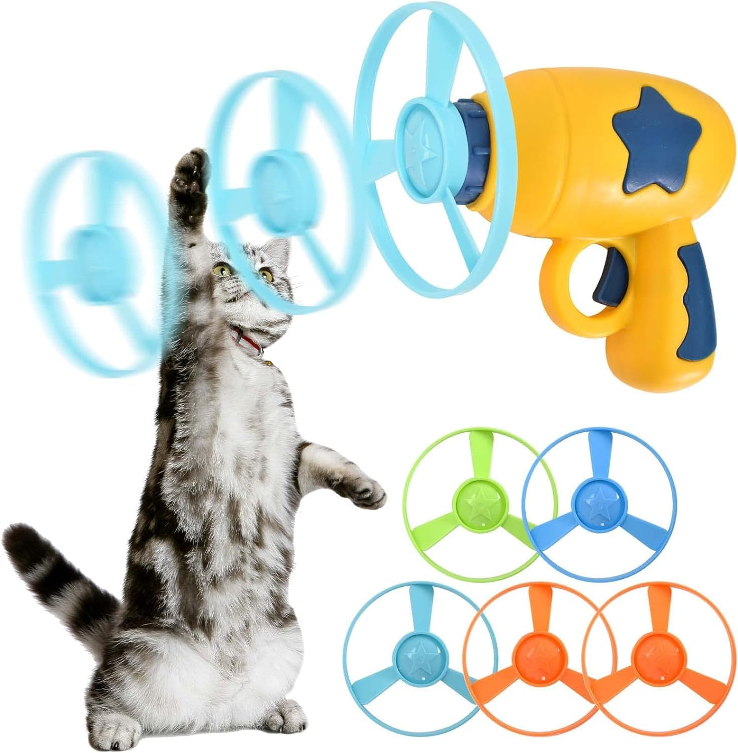 Cat Fetch Toy, Colourful Flying Propeller Disc Cat Toy Chasing Saucer with 1 Launchers, 5 Propellers Random Colour for Interactivity Training Hunting Hitting Pet Toy (Yellow) image number 5