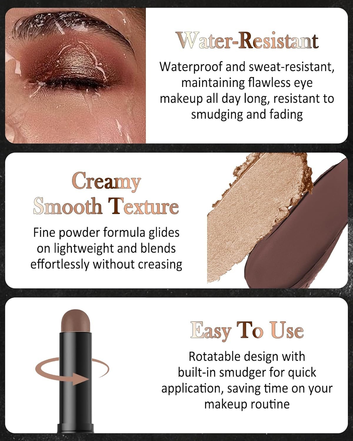 Bronze Glitter Eyeshadow Stick, Rotating Creamy Silky Eyeshadow Stick, Waterproof and Long-Lasting, Shimmer Eyeshadow Pencil Crayon with Smudger, Highly Pigmented Eye Makeup for Wrinkle Free 11 image number 4