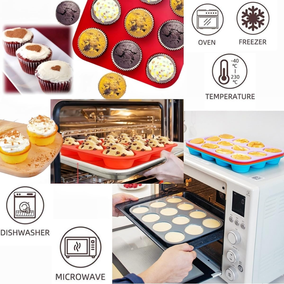 RJDJDLXM 2 Pack Muffin Tray, Silicone Muffin Mold 12 Cups, Cupcake Pan, Nonstick Baking Mould Dishwasher Safe for Muffin Tins, Cakes Microwave, Oven(Red) image number 5