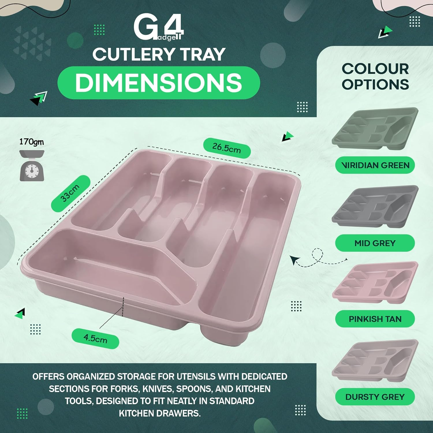 G4GADGET 5 Compartment Cutlery Tray Drawer Organiser, Random Colour, Durable Plastic, Non-Slip Utensil Holder for Kitchen Organisation image number 5
