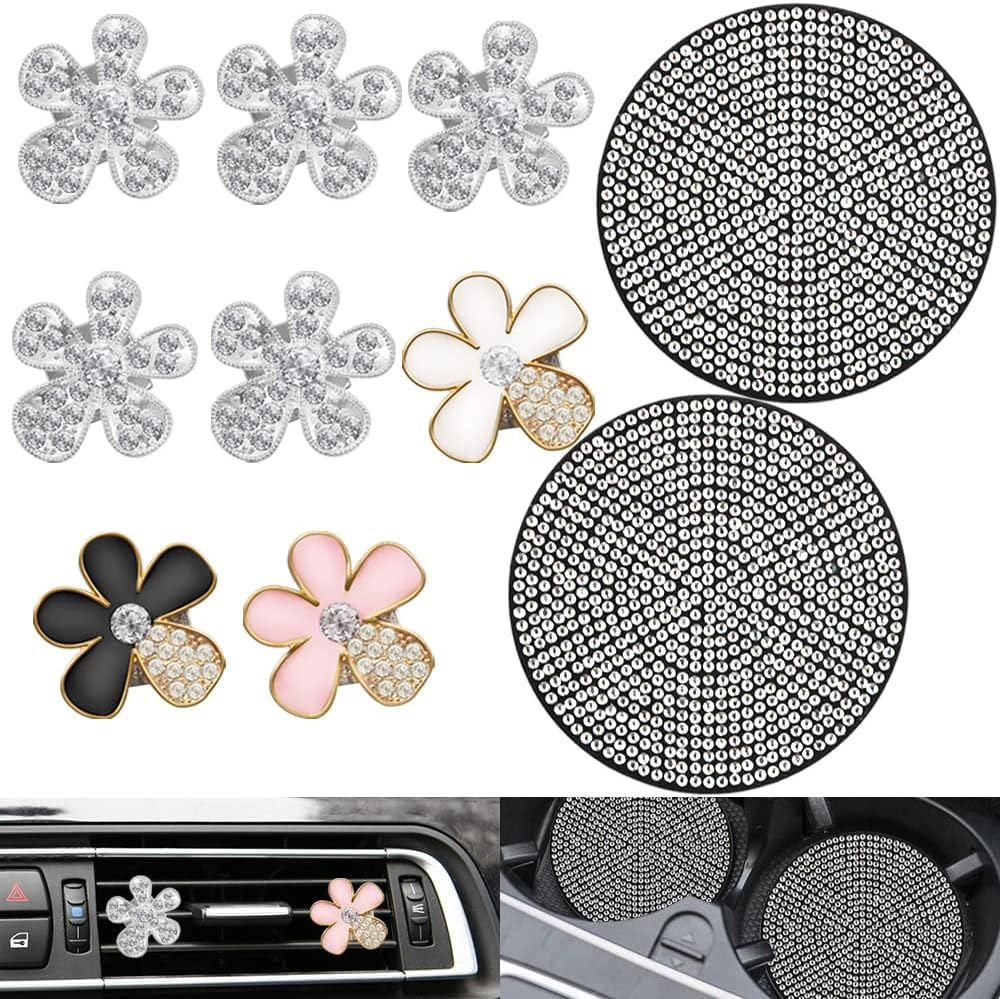 Sourceton 10 Pcs Sparkling Car Decoration Flower Set, Cute Set for Car Decoration, Glitter Coaster and Multicolor Flowers Air Outlet Petals (White, Pink, Glitter, Black) image number 1