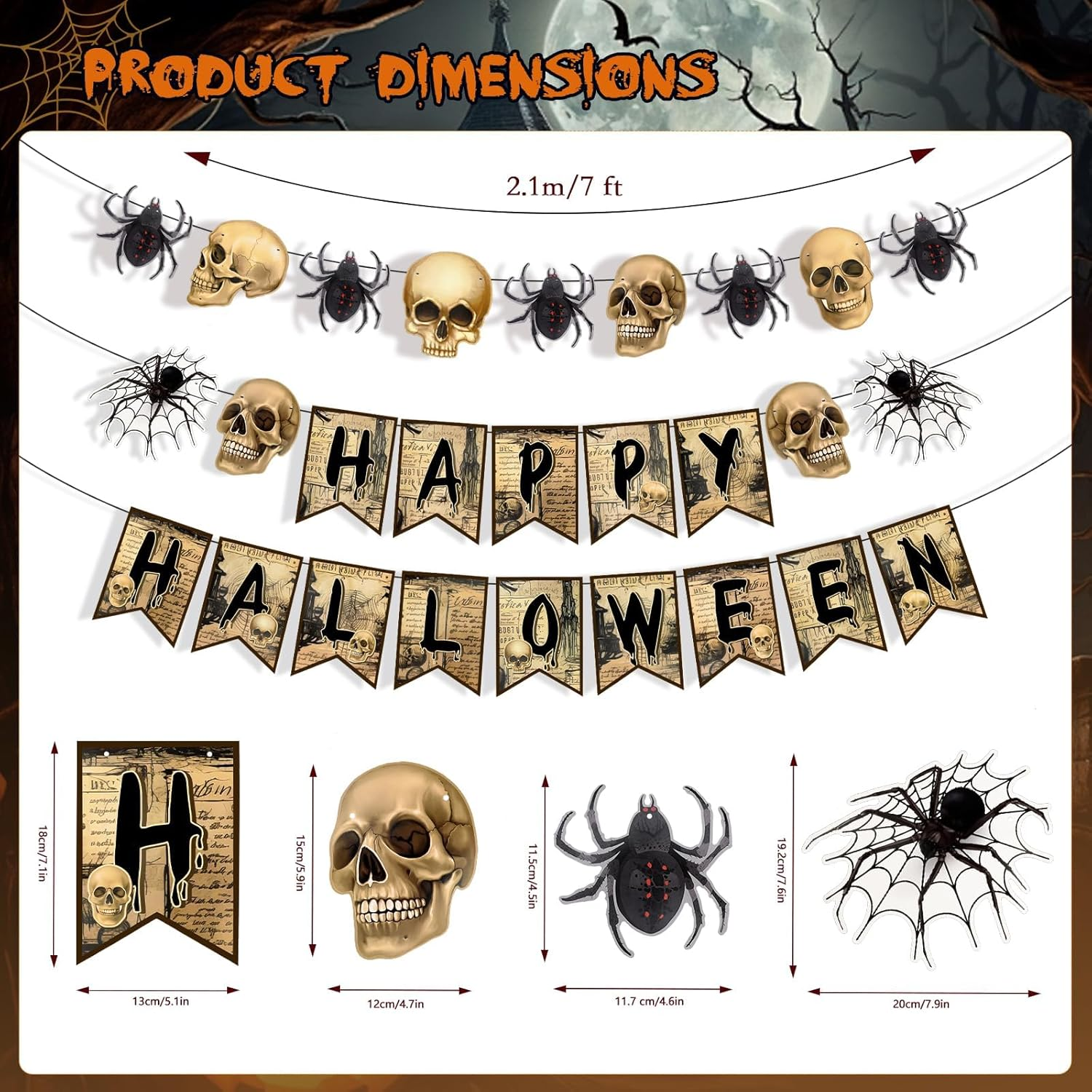 Happy Halloween Banners, Skeleton & Spider Party Supplies, 8Pcs Swirls Indoor Decor, Brown image number 6