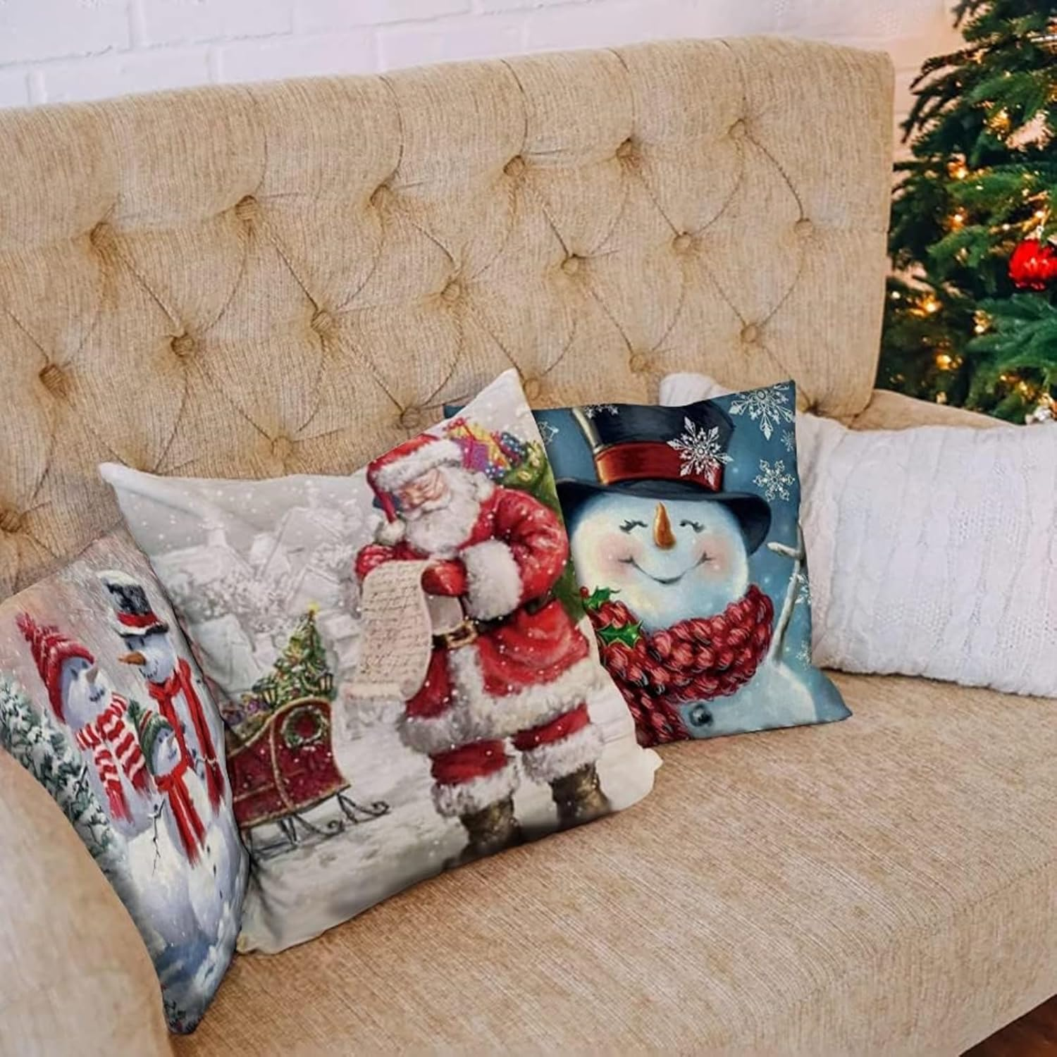 Mizoxy 4 Pcs Christmas Pillow Covers Set, Snowman Santa Claus Winter Cushion Covers for Sofa Couch Bed, Holiday Xmas Throw Pillow Cases Home Decorations image number 5