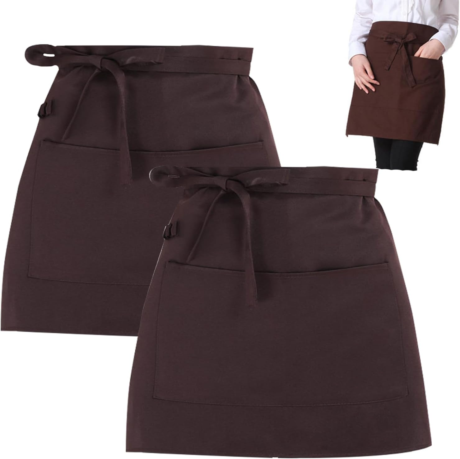 2Pack Waist Apron, 40 * 60Cm Brown Waist Apron, Kitchen Waist Apron with 2 Pockets, Waiter Server Short Half Aprons, Cotton Short Aprons for Cooking, Baking, Women, Men, Restaurant, Waiter