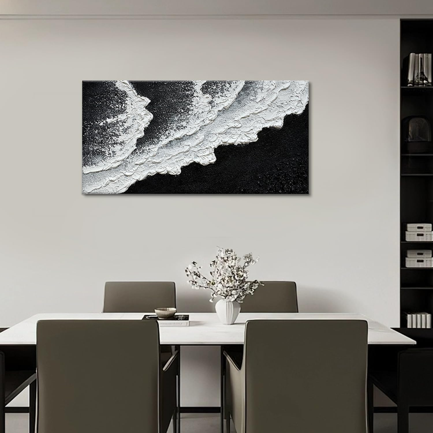 Black and White Beach Wave Textured Wall Art 3D Oil Painting Hand Painted Abstract Canvas Framed 40X20 Inch Acrylic Painting image number 6