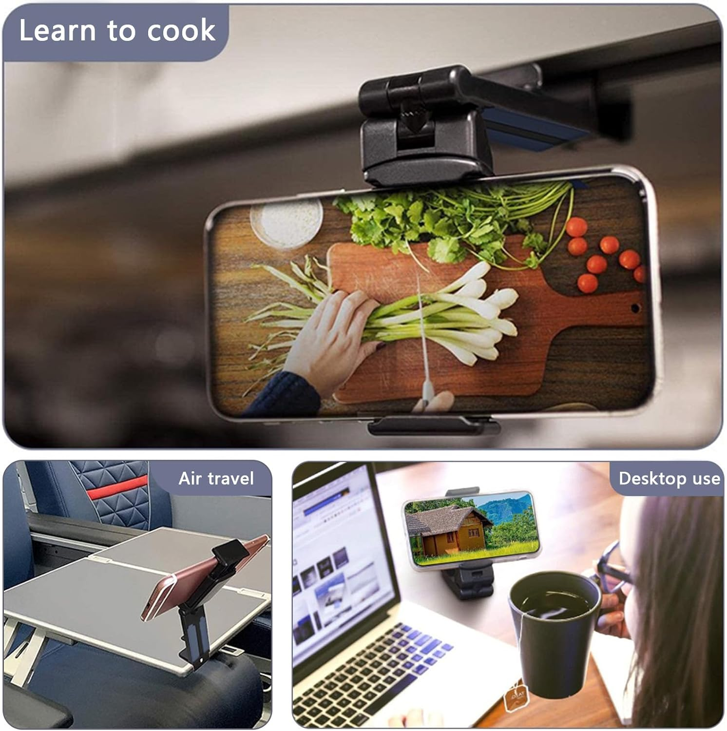 Airplane Phone Holder with 360&deg; Rotation, Universal Portable Travel Must Haves Handsfree Phone Stand for Table/Kitchen/Desk, Foldable Smartphone Stand for Plane Travel Essentials Phone Mount image number 2