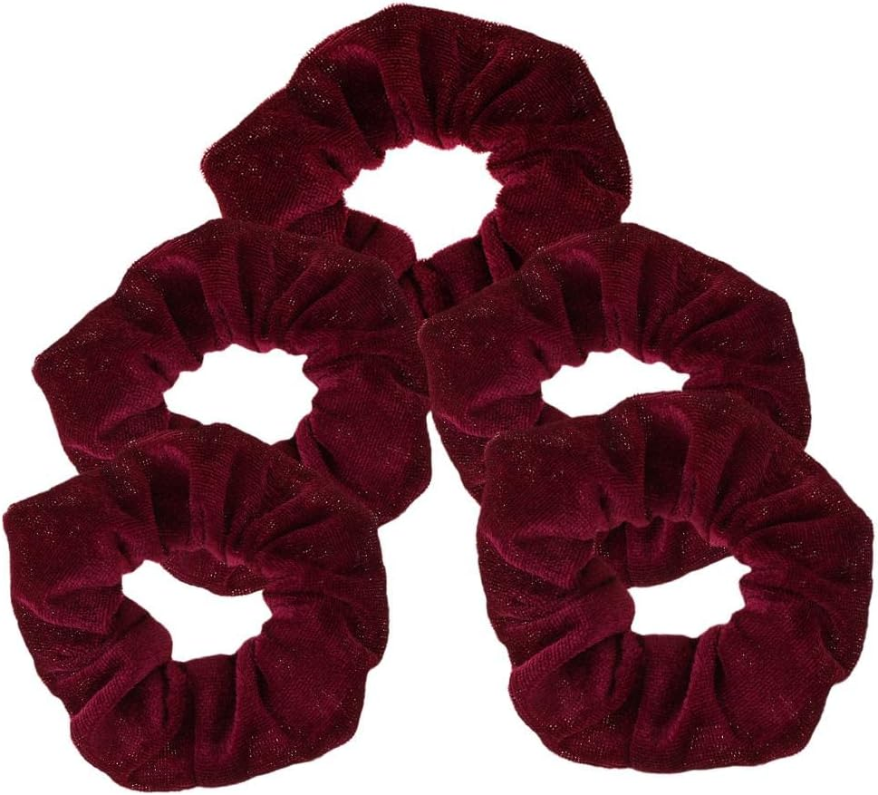 Ｓｉｍｈｏａ Set of 5 Velvet Hair Scrunchies for Ponytail Styles, Burgundy, as Described image number 3