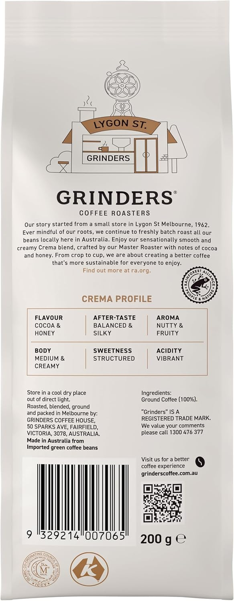 Grinders Crema Ground Coffee, 200G