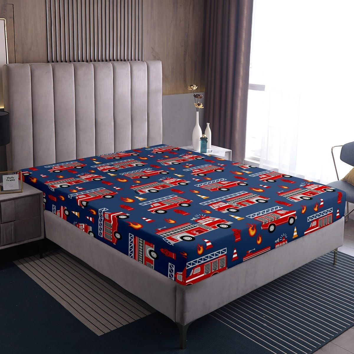 Fire Brigade Truck Bed Linen Red Fire Brigade Truck Fitted Sheet 90 X 200 X 30, Marine Leaves Boys Cartoon Car Bed Linen, Lightweight Soft Cosy Bed Cover (Deep Pocket) image number 1