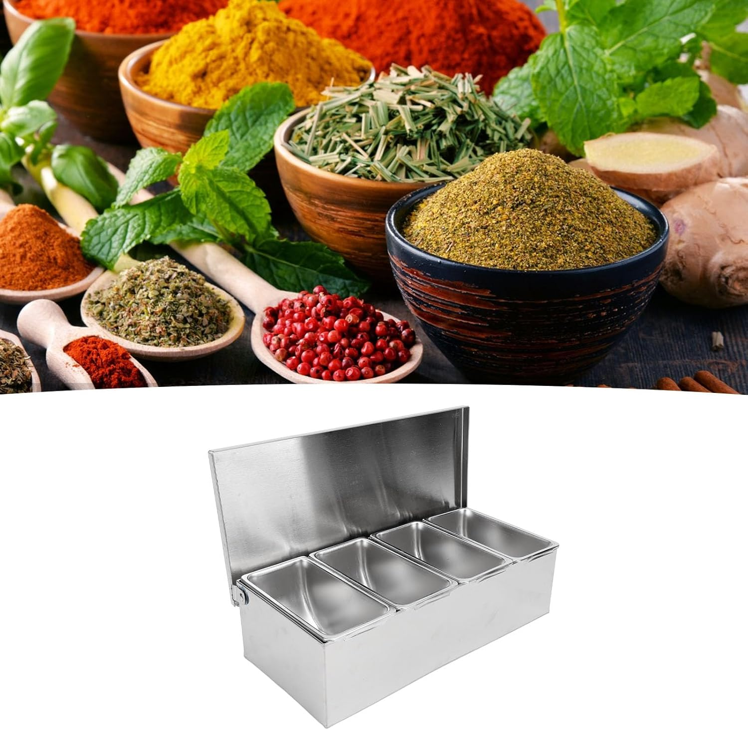 Jiawu Modern Stainless Steel Seasoning Box with Flip Lid, 5 Compartment Trays, Condiment Dispenser Set, Storage Box for Spice, Snacks, Flour, Salt, Sugar, Approx. 31.5 X 15 X 9Cm / 12.4 X 5.9 X 3.5In image number 4