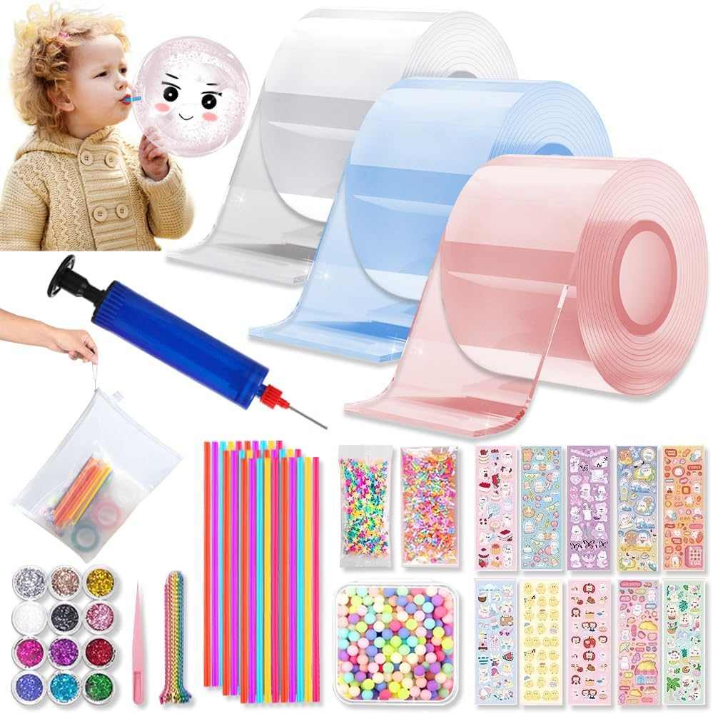 71PCS Nano Tape Bubble Kit with Carry Bag A4,TINY SPARK Nano Bubble Tape Kit with 30Pcs Straws,12Pcs Glitter and Inflator,10Pcs Stickers,Colorful Beads&Accessories,Bubble Balloons DIY Party Favors - Blue image number 4