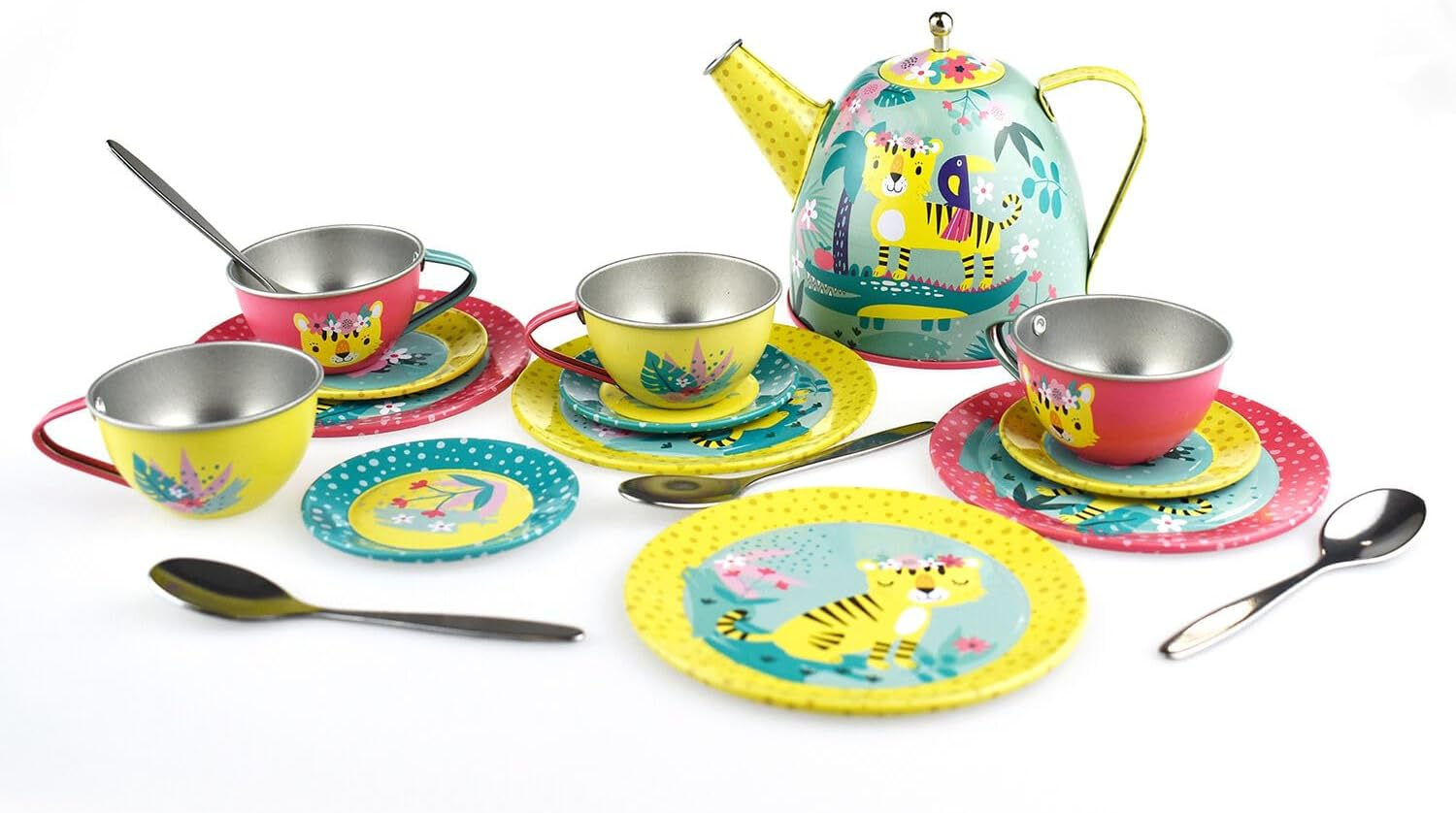 Kaper Kidz TIGER TIN TEA SET in Pink Picnic Basket 18-Piece Set: Perfect Pretend Play Tea Party Fun! image number 5