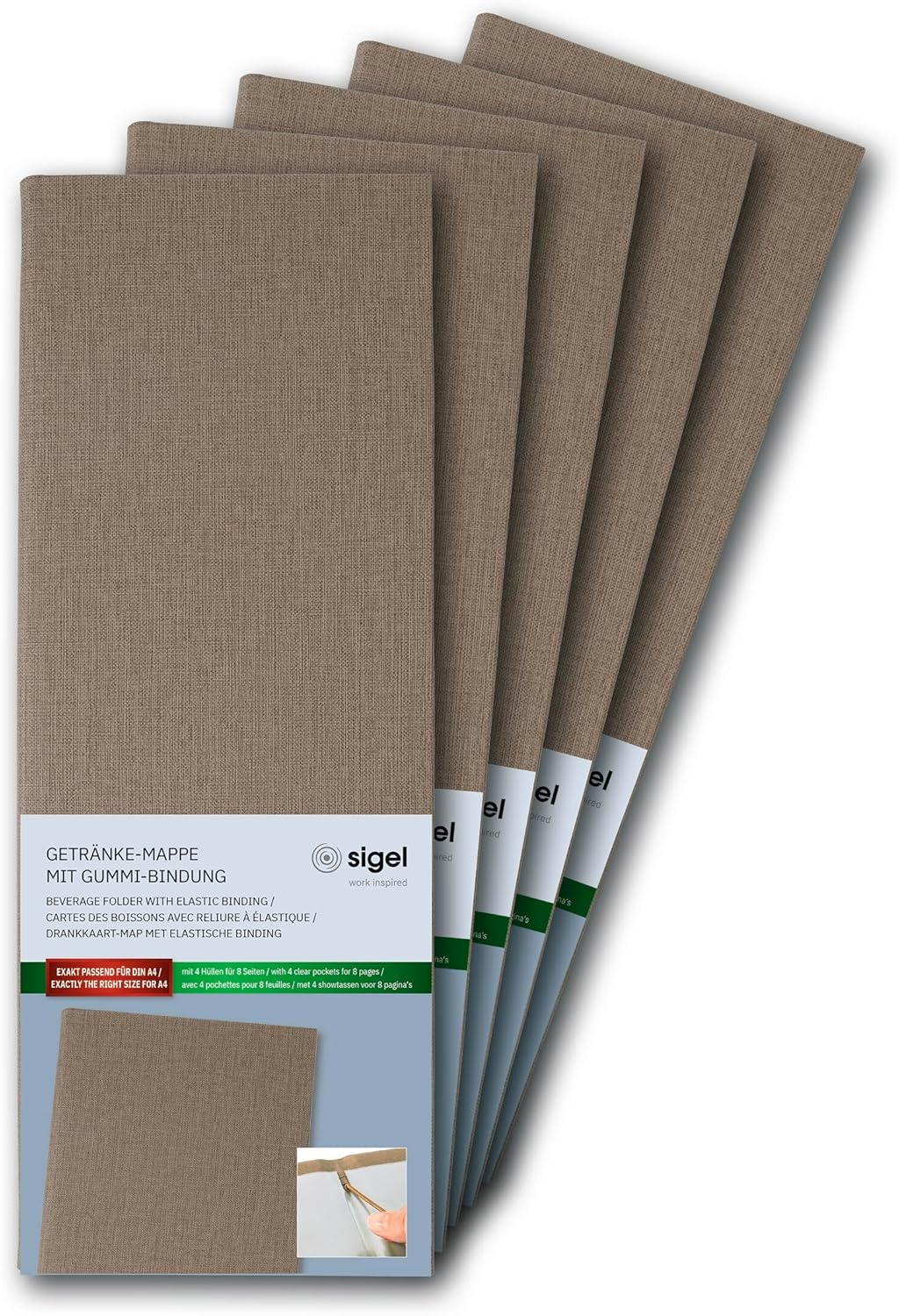 SIGEL GM100/5 Menu Bar Format 1/2 A4 Drinks Folder Rubber Binding Black with Linen Texture Pack of 5 Durable and Easy Wipe Clean