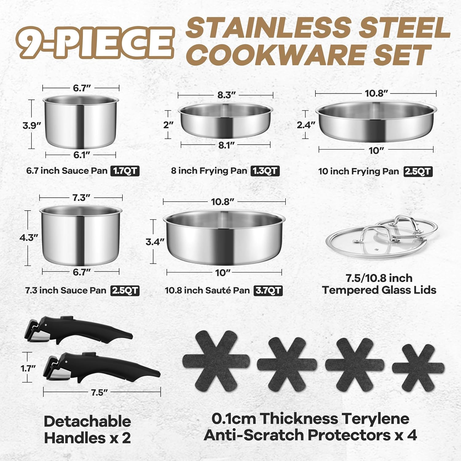 E-Far 9Pcs Pots and Pans Set, Stainless Steel Cookware Set with Detachable Handle, All-Clad 3-Ply Kitchen Cookware Sets with Removable Handle, Induction Cooking Set for RV Camping, Oven Safe image number 6