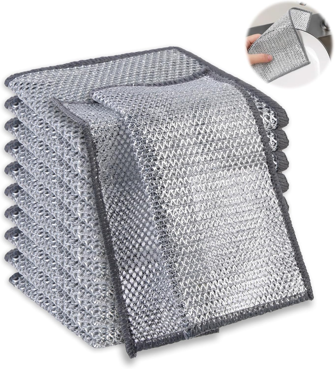 10 Pcs Multipurpose Wire Miracle Cleaning Cloths, Non-Scratch Wire Sponge Cloth Dishwashing Rag for Wet and Dry Use, Silver Dishcloth Double Layer Reusable for Metal Kitchen Pan Pot Dishes image number 2