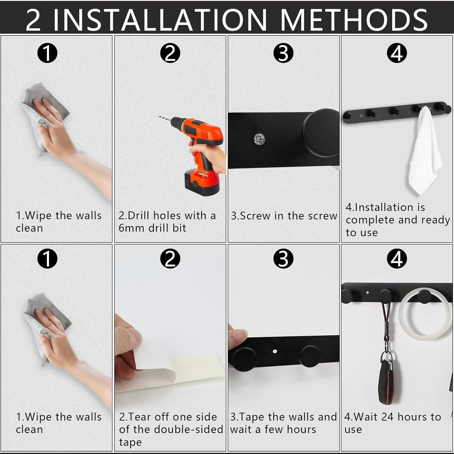 YUNYU Heavy-Duty Stainless Steel Coat Hooks - Self Adhesive No-Drill Wall Mounted, Black Door Hooks with 5 Hangers for Bathroom, Bedroom & Kitchen Storage Organisation image number 5