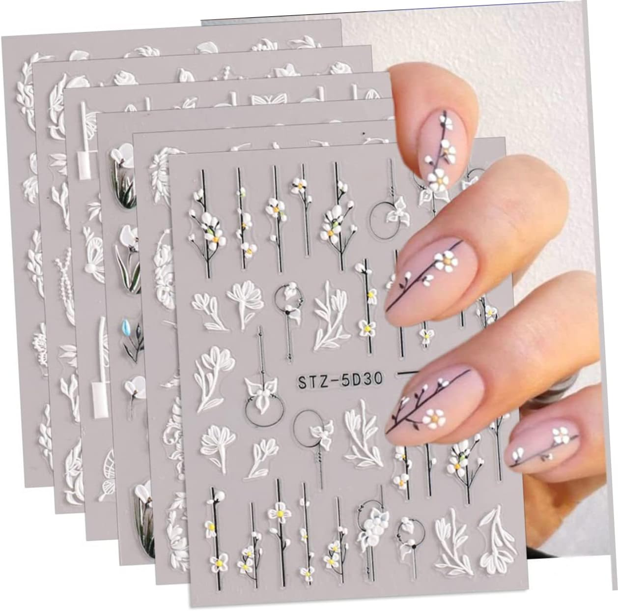 KALLORY 24Sheets Floral Nail Stickers Decals Embossed Nail Art Stickers for Women Girls DIY image number 6