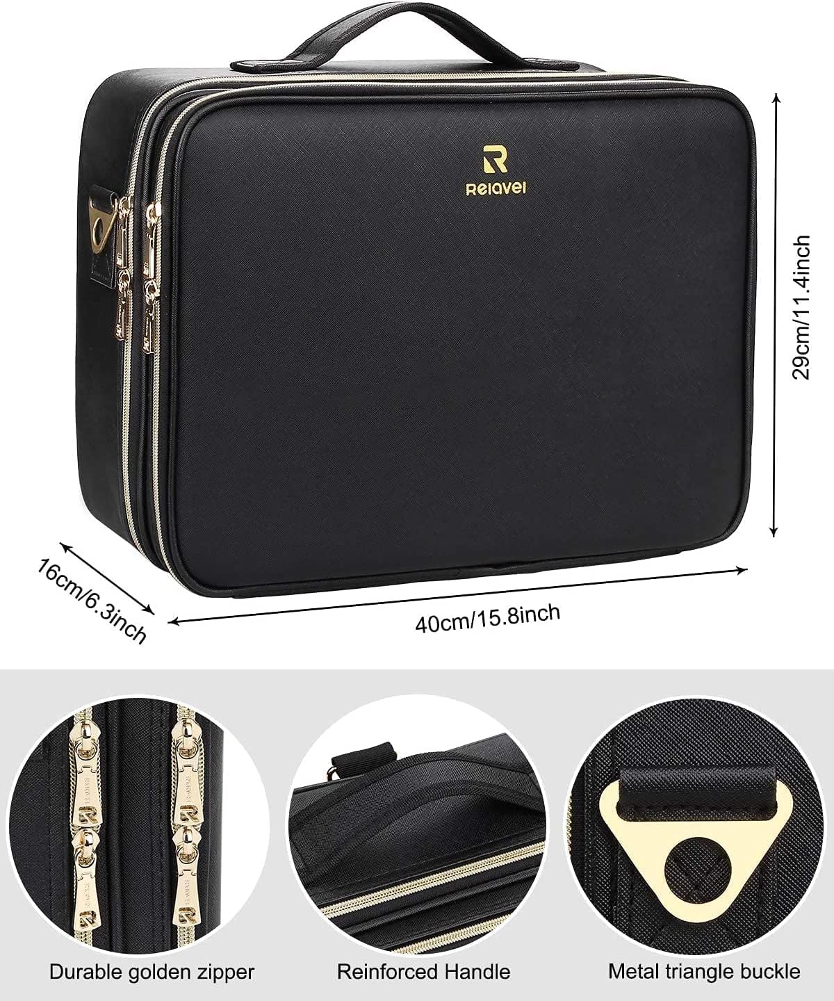 Samtour Makeup Train Case Cosmetic Bag Professional Brush Organizer and Storage Travel Make up Artist Box 3 Layer Large Capacity with Adjustable Strap (Leather Black, Large) image number 2