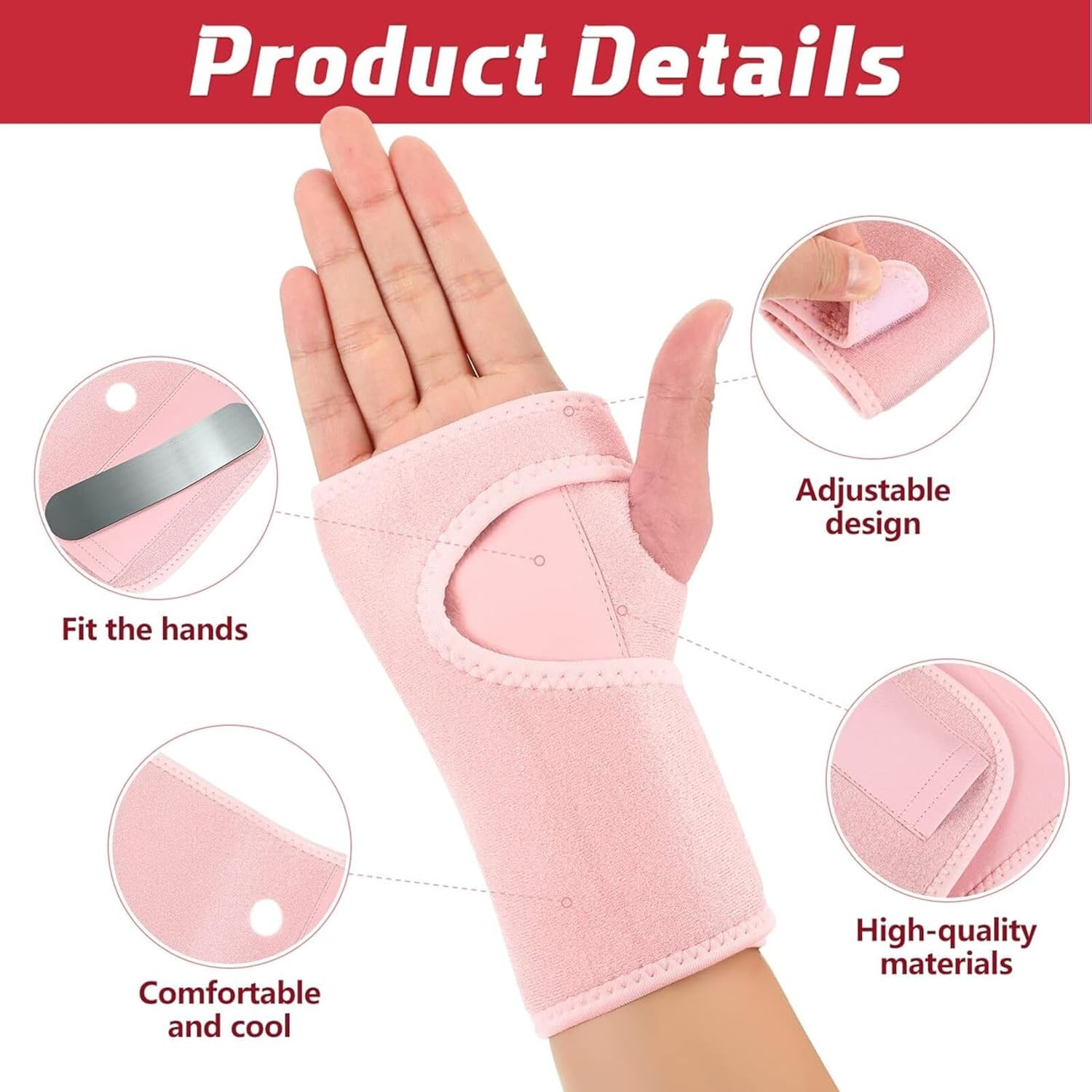 Carpal Tunnel Wrist Brace Pair with Adjustable Compression Strap, Hand Palm Wrist Support, Relieves Tendonitis, Wrist Pain Hand Pain, Sports Injuries, Day & Night Support (Pink, Left Hand and Right Hand) image number 1