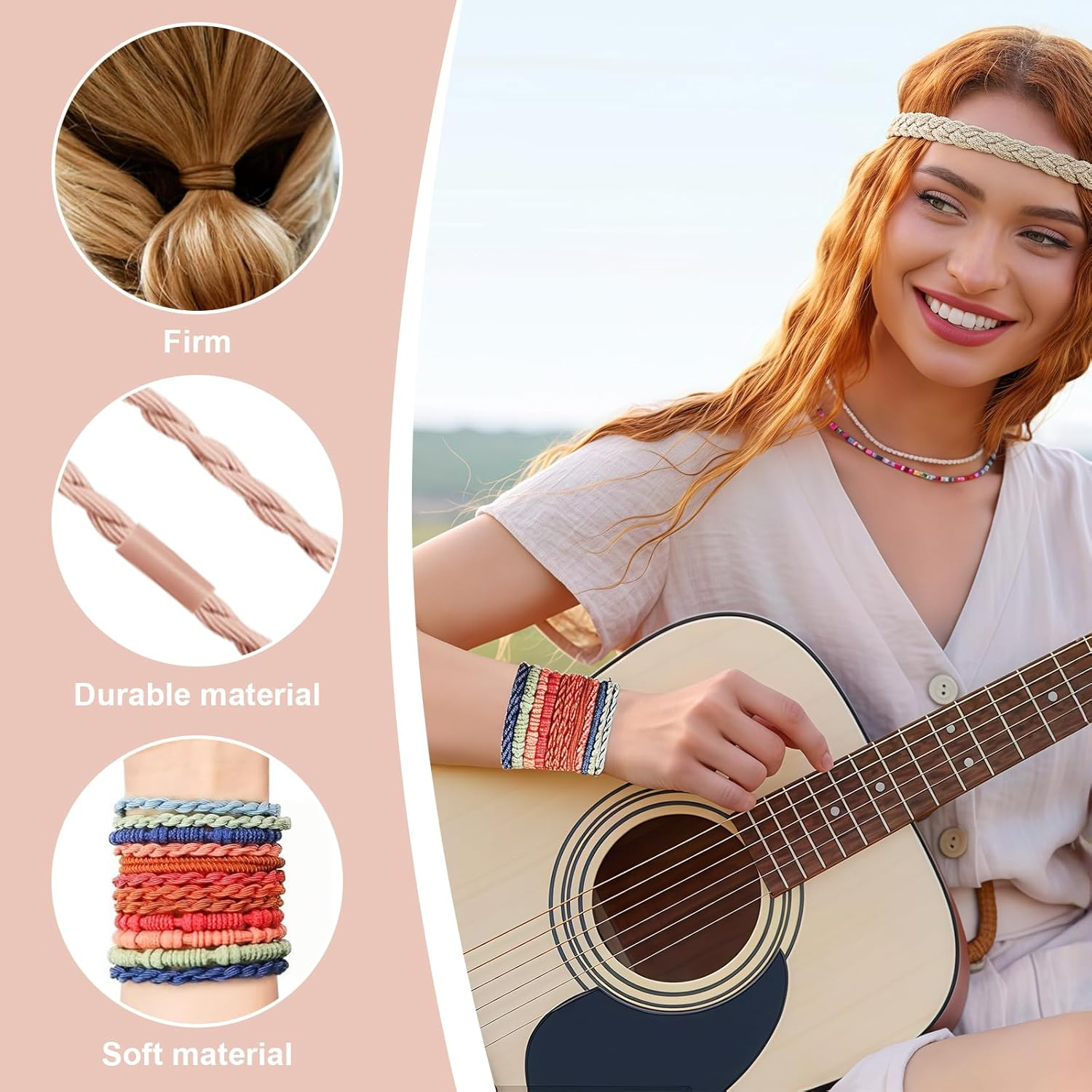 Evadollina Hair Ties Ladies, 32 Pieces Hair Accessories, Hair Ties, Bohemian Colourful Headbands, Scrunchies, Hair Tie Bracelet, Hair Accessories Ladies, Christmas image number 2