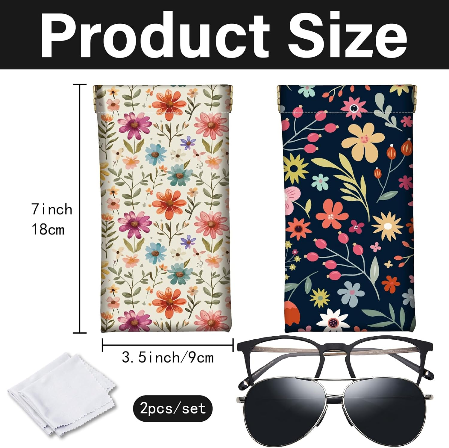 CREATCABIN 2Pcs 2 Styles Floral Eyeglasses Case Portable Sunglasses Pouch PU Leather Soft Waterproof Slim Squeeze Flower Glasses Goggles Holder Bag with 2Pcs Cloths for Travel Women Men 7.1 X 3.5 image number 5