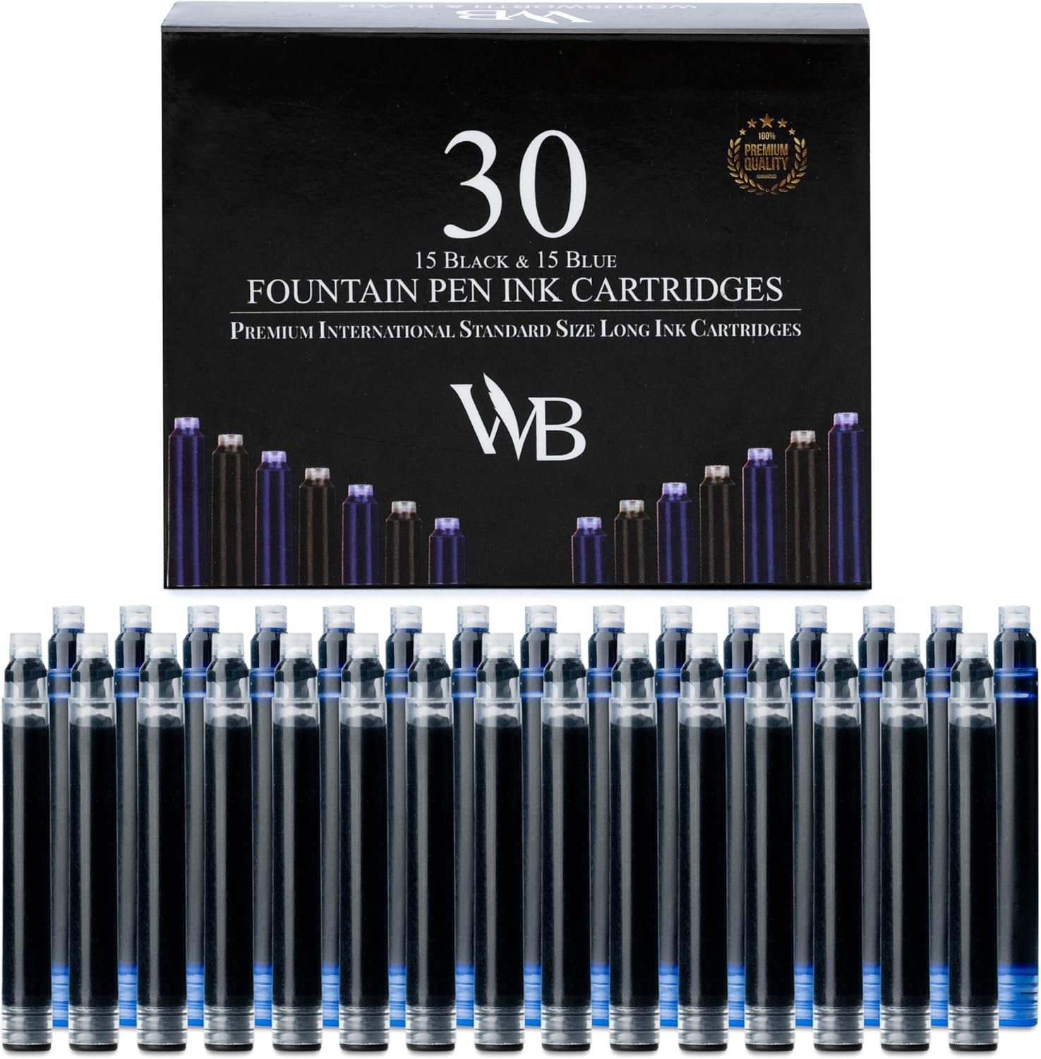 Wordsworth & Black Fountain Pen Ink Refills - Set of 15 Black - 15 Blue Ink Cartridges - International Standard Size - Length APPR 5.2 Cm - Base Diameter APPR 0.6 Cm - Disposable and Generic image number 5