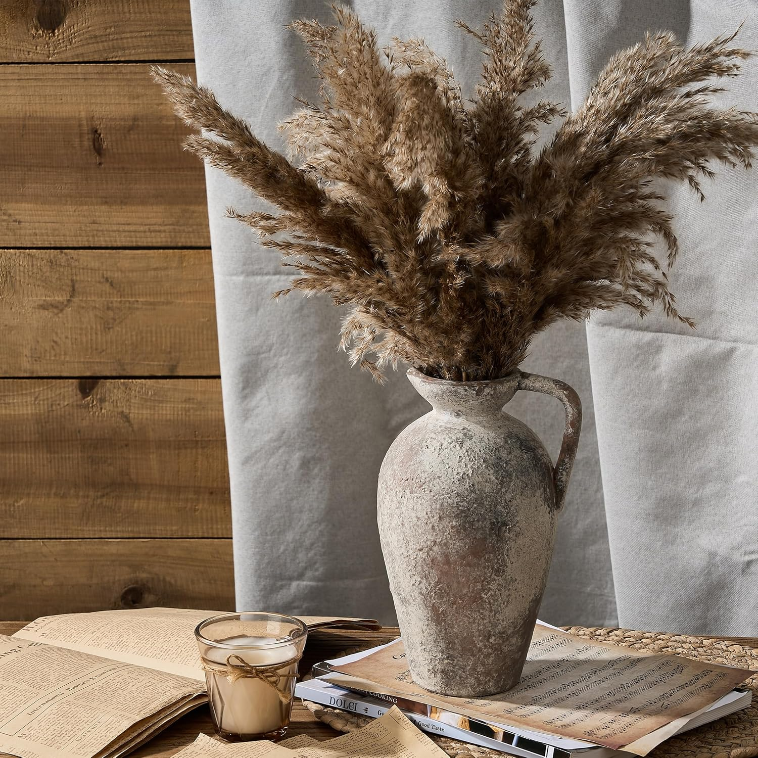 PORCER 9.3 Inch Antique Ceramic Vase, Terracotta Vase with Handle, Boho Decor Farmhouse Decorative Vase, Rustic Vase for Home Decor, Living Room, Entryway, Wedding - Distressed Design, Gray image number 6