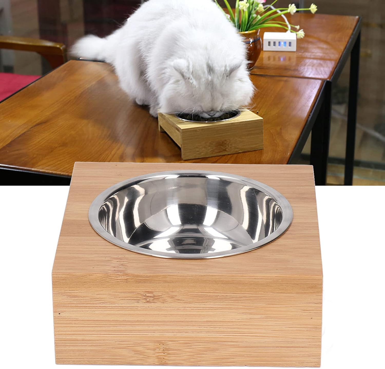 Esenlong Pet Feeding Bowl, Elevated Cat Feeding Bowl, Non-Slip Stainless Steel Feeding Bowl with Bamboo Wood Stand for Cats and Dogs (Single Bowl) image number 1