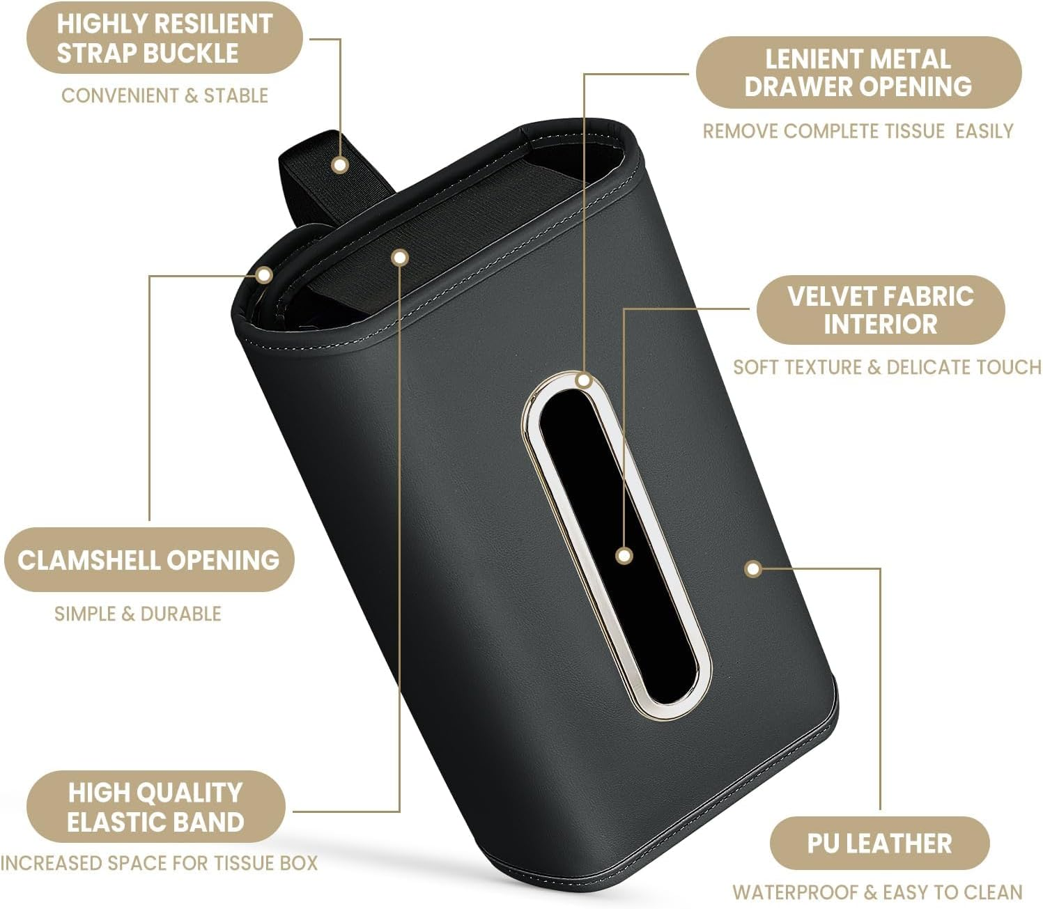 Car Essentials Set: Black PU Leather Tissue Holder (100-150 Tissues) + 2-Pack Magnetic Sunglasses Holders for Visor - Interior Automotive Accessories for Women, Keep Tidy image number 6