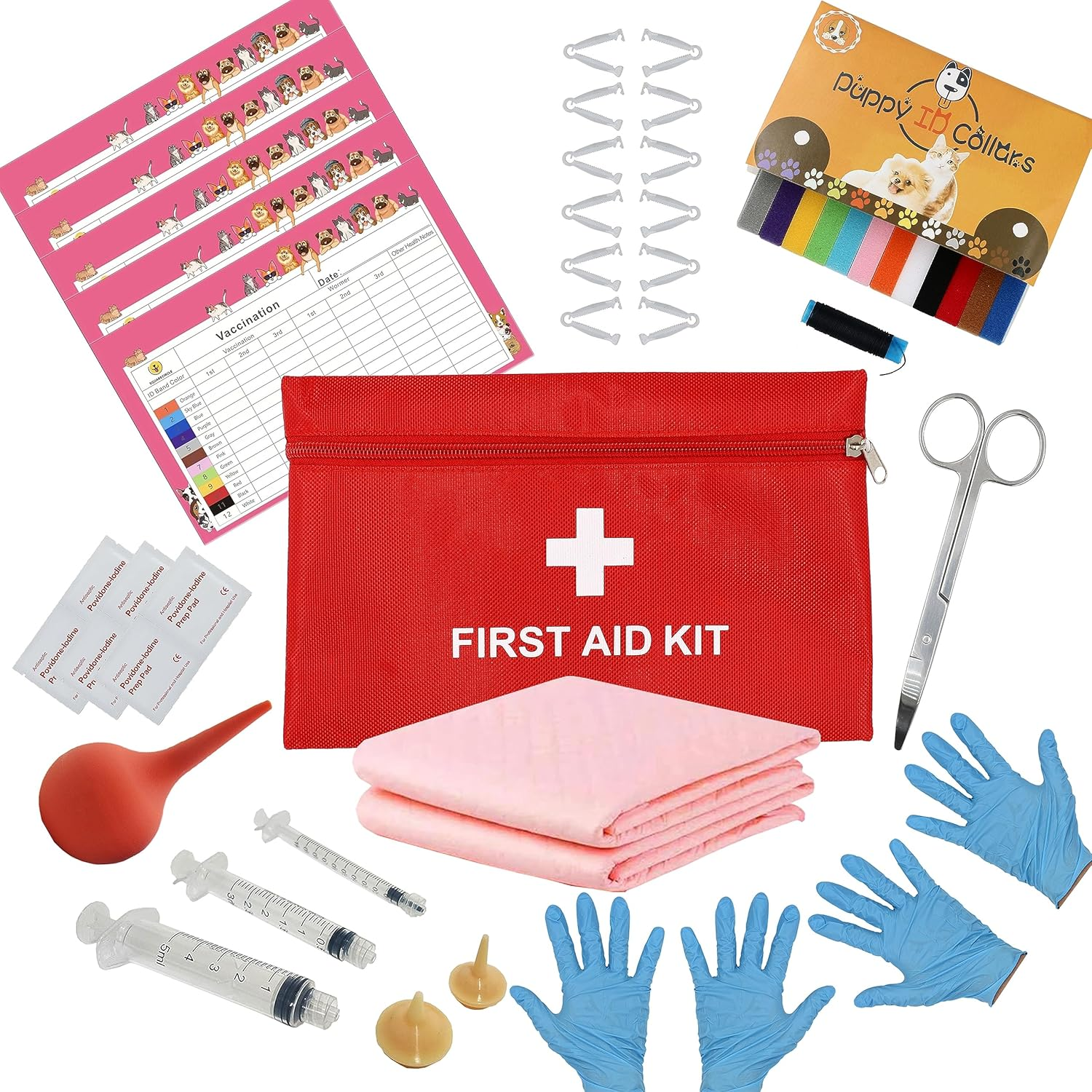 SQUARECIRCLE Complete Dog Whelping Kit with Feeding Nipple, Record Keeping Charts, ID Collars, Aspirator, Cord Clamps & More - Essential for Newborn Puppies (Red No Pad)