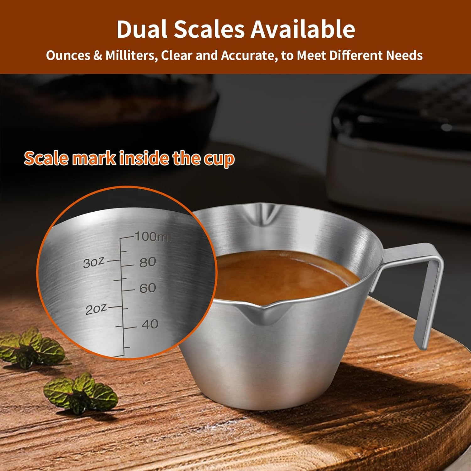 YARRAMATE Espresso Cup with Handle, Stainless Steel Accessories 2Pcs, Double Spout Metal Measuring Cup with Dual Scale, V-Shaped Mouth Shot Glass (Silver), 3.4OZ / 100ML image number 1