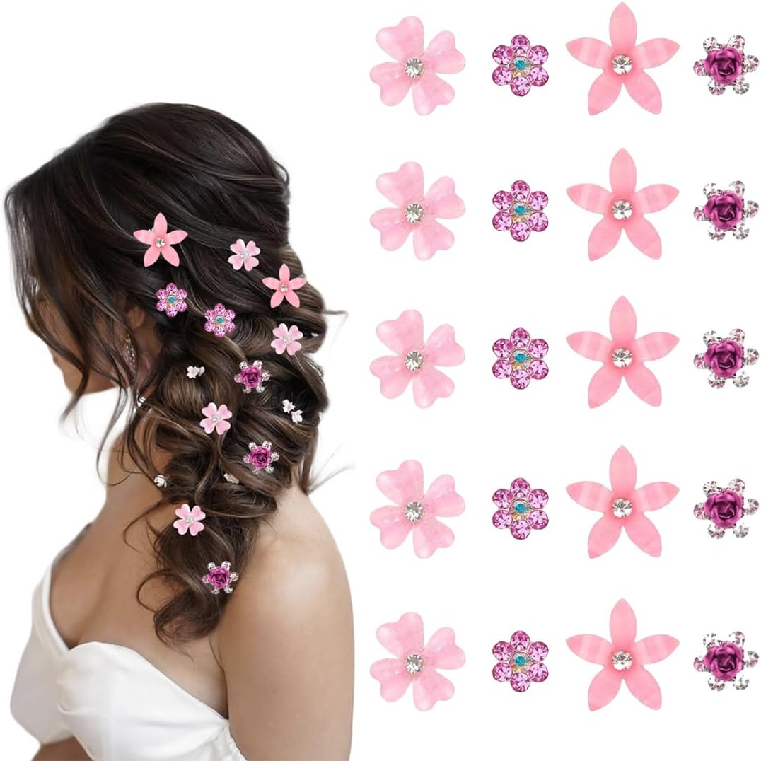 WUSJCOF Pack of 20 Pink Hair Flowers Hair Clips Communion Wedding with Rhinestones Girls Women 4 Styles Festive Accessories image number 6