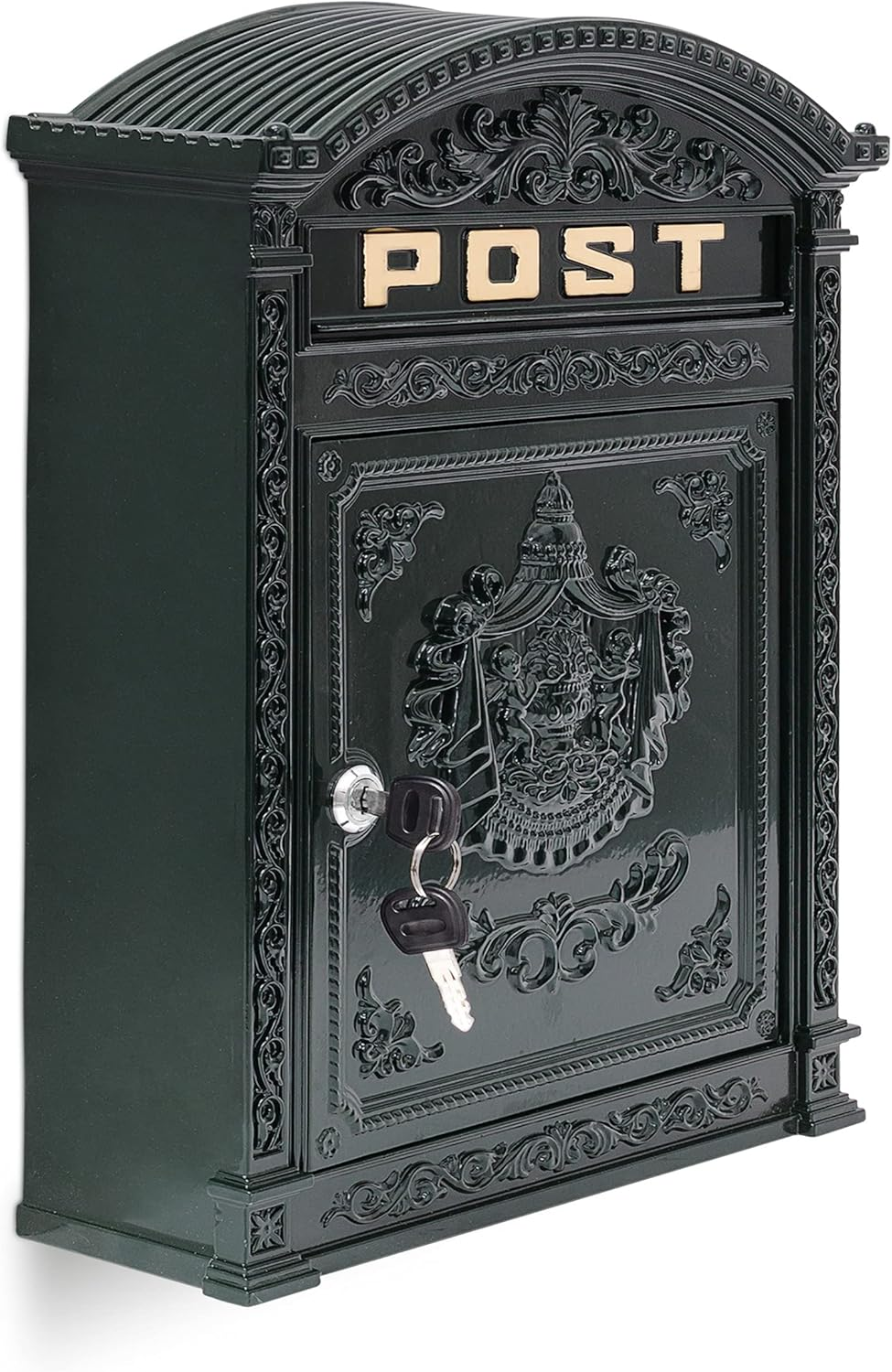 Relaxdays Antique Letterbox, 44.5 X 31 X 9.5 Cm, English-Style Wall-Mount Mailbox, Cast Aluminum, for DIN A4 Letters, with Roof, Black