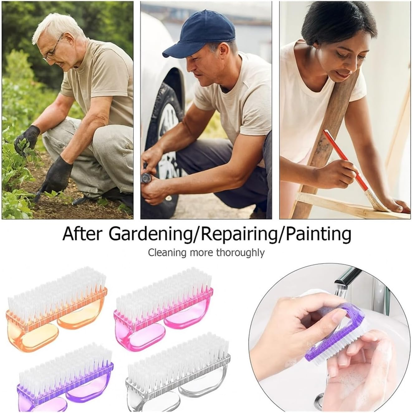 Handle Grip Nail Brush 4 Pack &ndash; Fingernail & Toenail Scrub Brushes for Men and Women, Durable Bristles for Hand, Foot, Pedicure Cleaning, Compact Size, Comfortable Grip image number 2