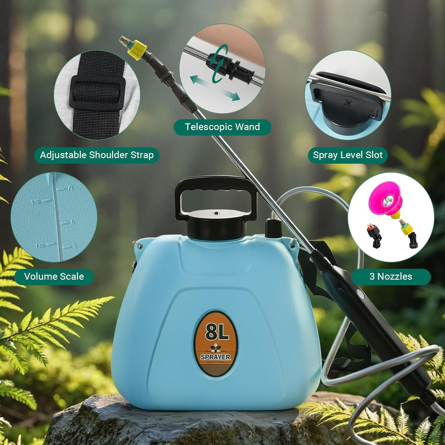 Liweght 8L Battery Powered Backpack Sprayer, 2400Mah USB Rechargeable Electric Garden Sprayer, 3 Adjustable Mist Nozzles, Telescopic Wand for Lawn, Yard & Weed Control image number 1