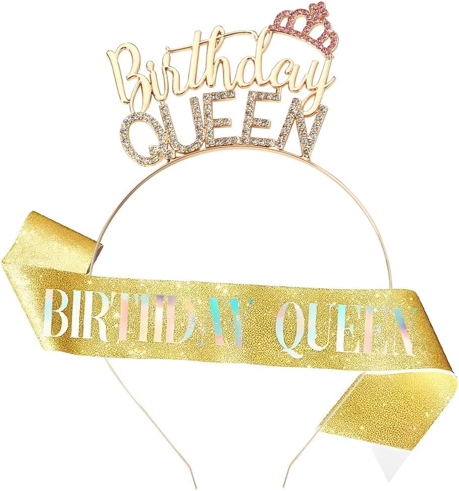 Birthday Queen Headband Crown and Sash Gold Birthday Tiara Headpiece with Rhinestones B-Day Gifts for Women Wife Her Happy Birthday Party Decorations Favors Accessories