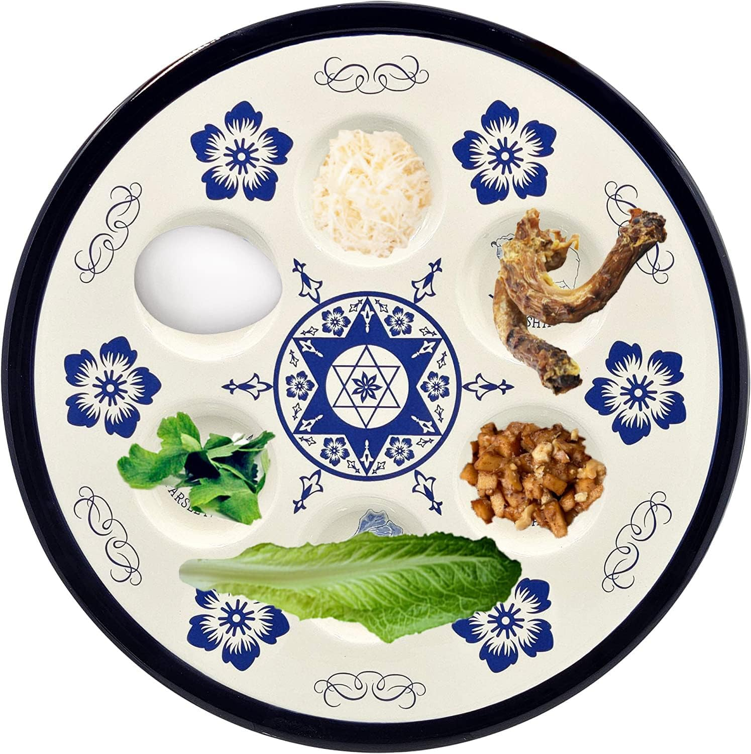 The Dreidel Company Lightweight Melamine Passover Seder Plate &ndash; Blue Floral Design - 35 Cm - Blue - Plastic image number 1