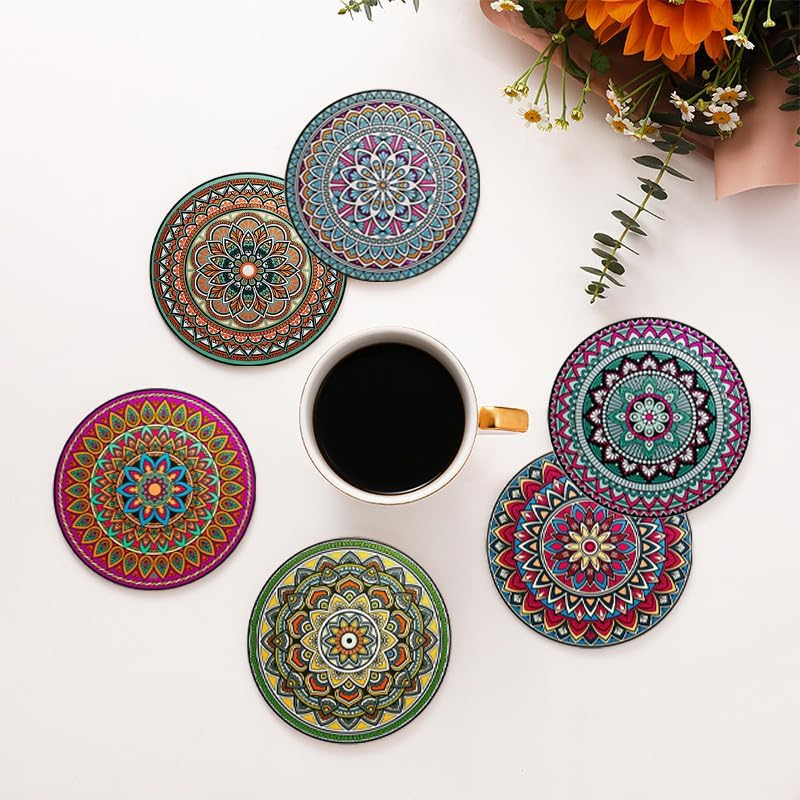 Drink Coasters round Absorbent Stone Coasters Set of 6 with Cork Base, Fun Drink Coasters with Stand for Cold Drinks, Wine Glasses and Cups Table Protection, 4 Inch image number 2