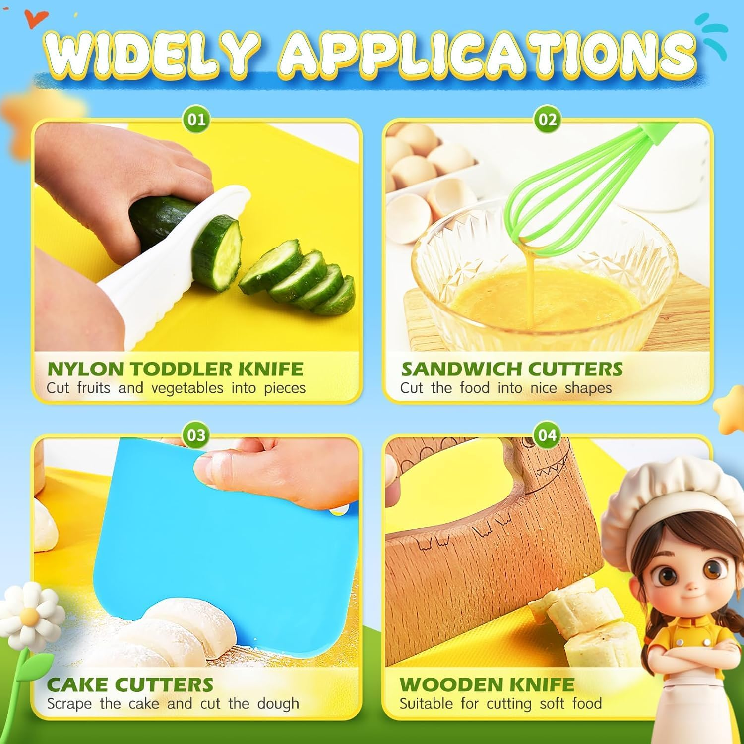 17Pcs Wooden Kids Kitchen Knife, Kids Knife Set with Cutting Board Bear Sandwich Cutter Fruit Vegetable Cutters Serrated Edges Plastic Knifes for Real Cooking Kid Safe Knives image number 3