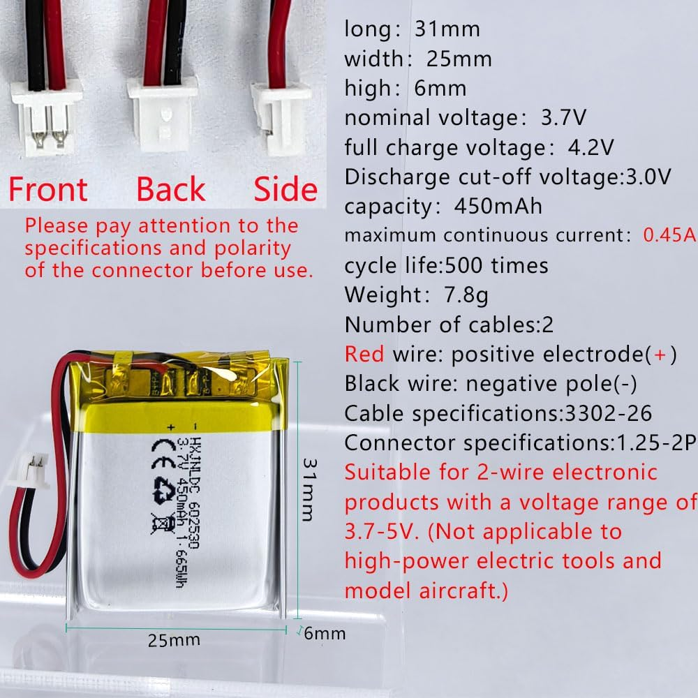DC 3.7V 450Mah 602530 Rechargeable Lithium Polymer Battery, Suitable for DIY 3.7-5V Electronic Products with Built-In 2-Wire Battery Replacement and LED Lights image number 3