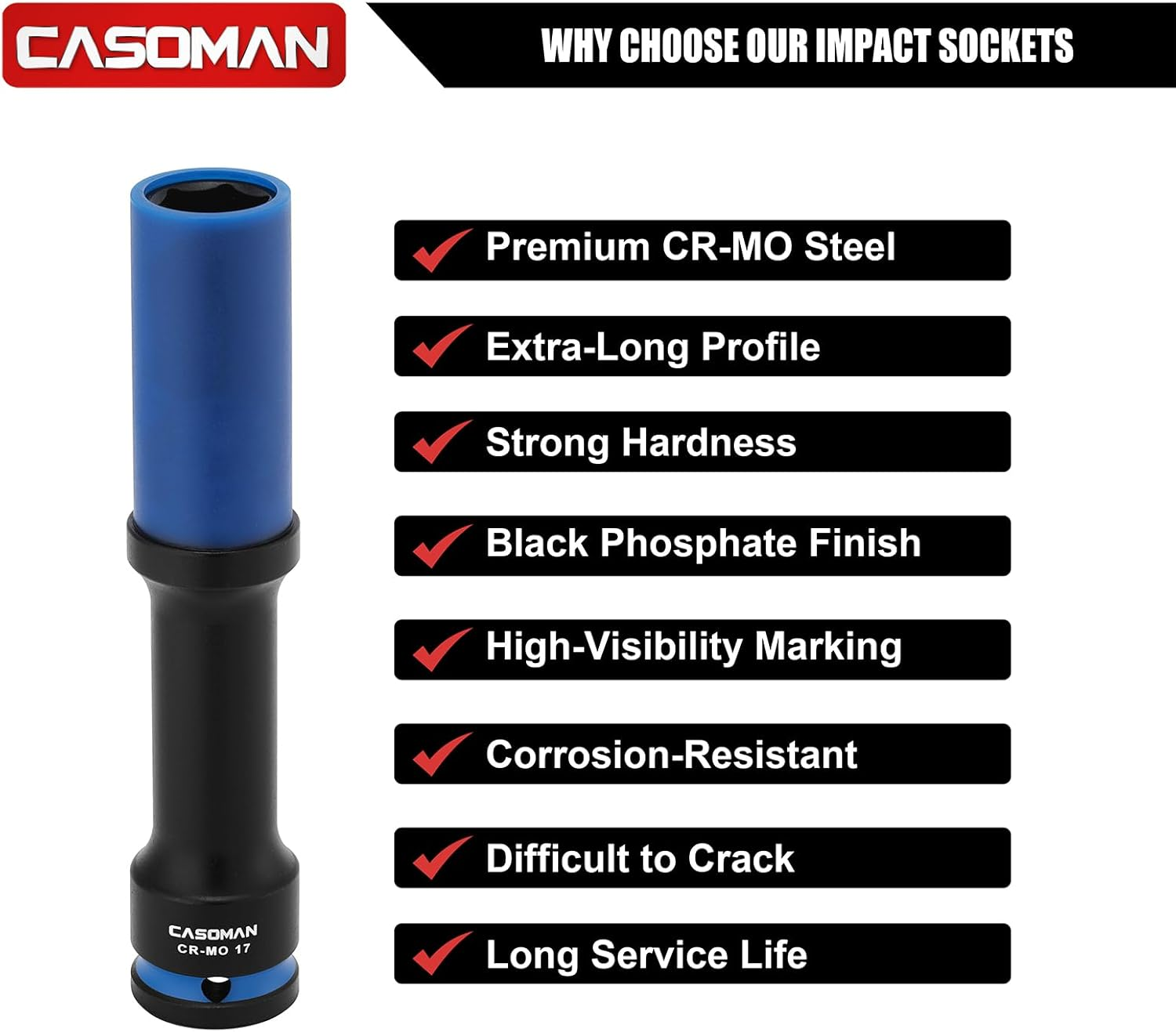 CASOMAN 3PCS 1/2" Drive Non-Marring & Thin Wall Lug Nut Impact Socket Set, for Wheel Lug Nut Remover, Extra Deep 150Mm, 6-Point, Metric, CR-MO, 17Mm 19Mm 21Mm