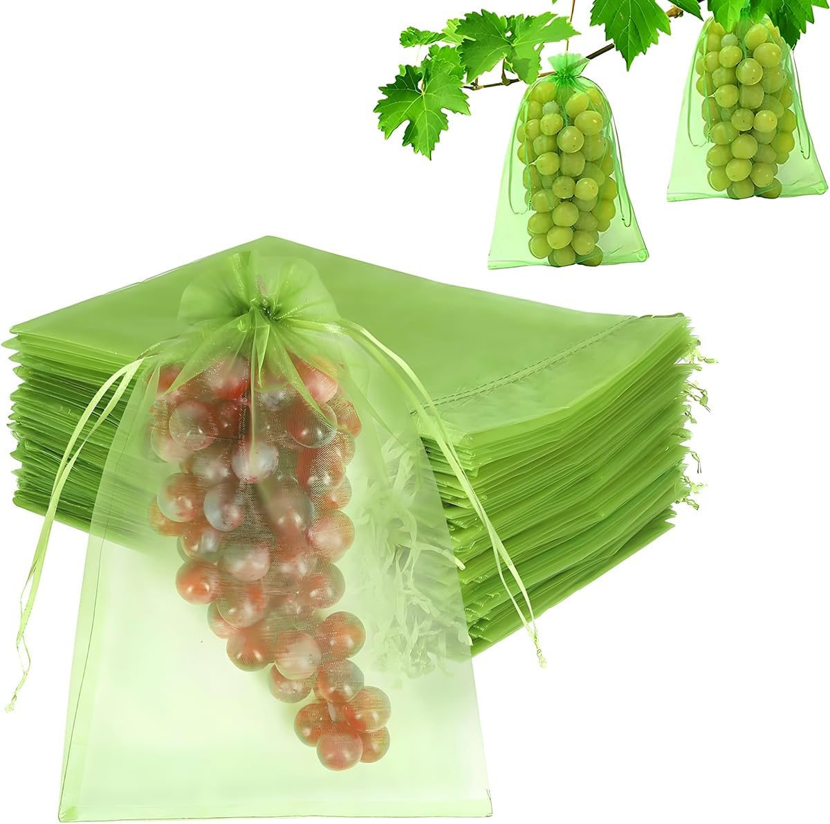 Fruit Protection Bags, 15&times;20Cm，50Pcs, Green，Fruit Cover Net Bags with Drawstring for Grape Apple Mango Peach Protect from Insect Birds Squirrels image number 5