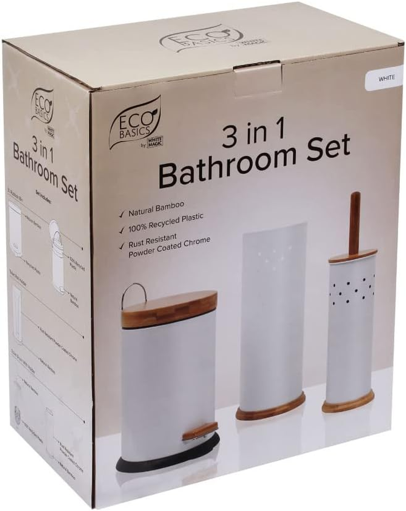 White Magic Eco Basics 3-In-1 Bathroom Set &ndash; Bamboo & Recycled Plastic &ndash; Rust-Resistant Chrome &ndash; Includes Toilet Brush, Roll Holder & 3L Bin &ndash; Practical & Stylish &ndash; White - Multicolor image number 2