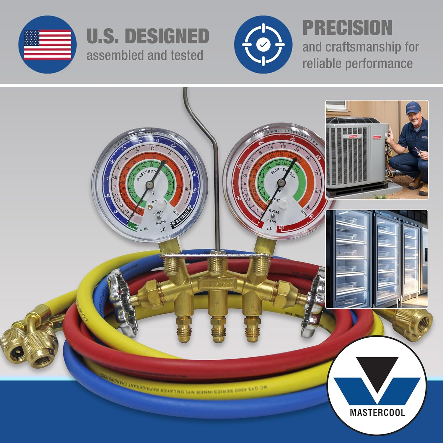 Mastercool 59161 2-Way Heavy Duty Brass Manifold Gauge Set with 3 1/8" Silicone Dampened Gauges and 1/4" SAE Fittings for R410A, R22, R404A - U.S. Assembled & Tested with 60" Hoses image number 5