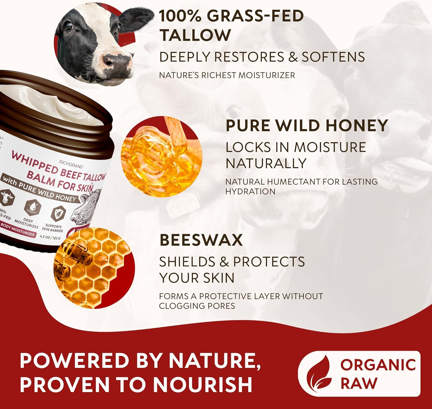 Beef Tallow for Skin - Whipped Grass-Fed Moisturizer with Wild Honey & Beeswax, Natural Face & Body Care, Deep Hydration, Anti-Aging, Sensitive Skin Safe, 100% Organic Balm (4.3 Ounce (Pack of 1)) image number 2