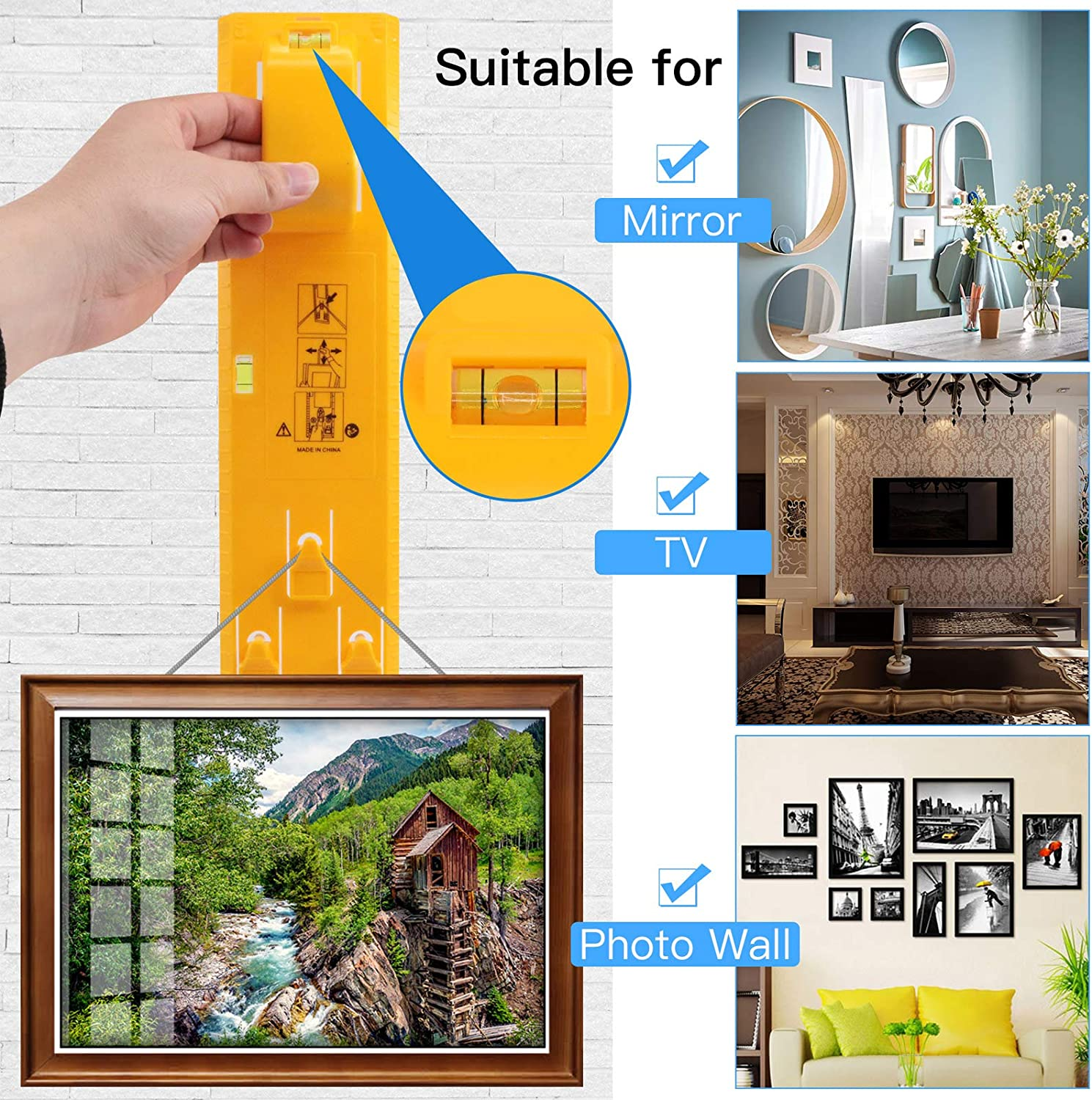 Glarks 307Pcs Picture Hanging Kit, Picture Frame Hanger Tool with Level Ruler and 306Pcs Nails, Hooks, Hanging Wire, Screw Eyes, D Ring and Sawtooth Hanger for Frame Hanging Wall Mounting image number 4