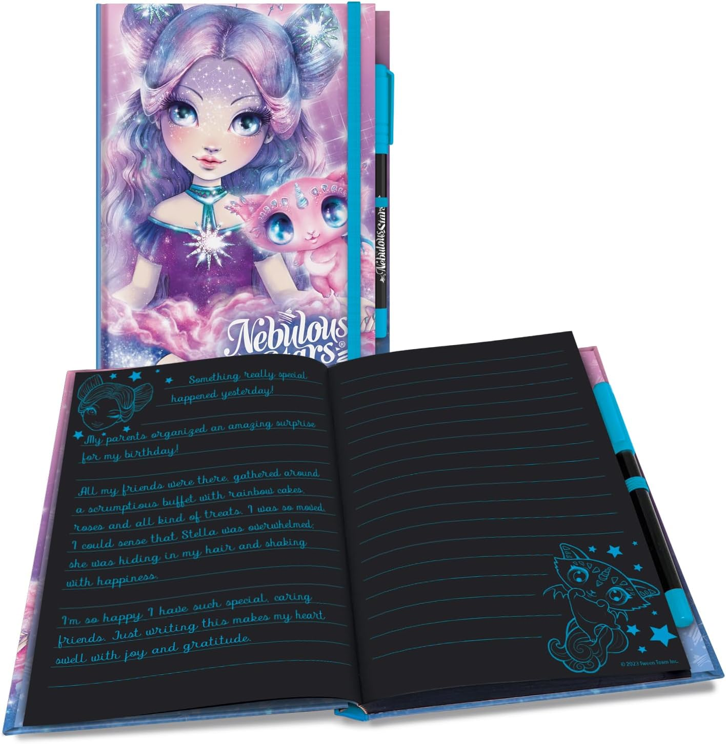 Nebulous Deluxe Black Notebook Display Set (6 Pcs.) - 112 Lined Pages, Neon Gel Pen, Multi-Coloured Notebooks for Writing, Journaling & Note-Taking, Stylish Dream Journal