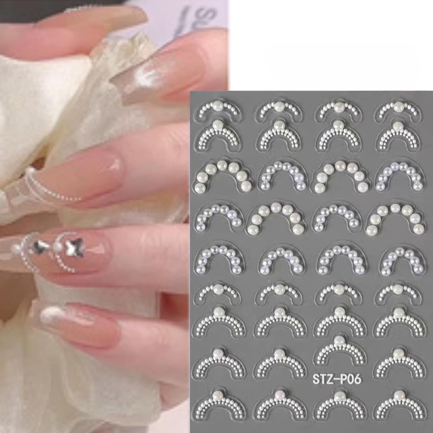 4 Sheets Pearl French Nail Art Stickers 3D Self-Adhesive Nail Decals Design, Wavy Line Heart Nail Decoration Holographic Elegant Chains Nail Sticker Manicure Tips Supplies Nail Decal (White) image number 2