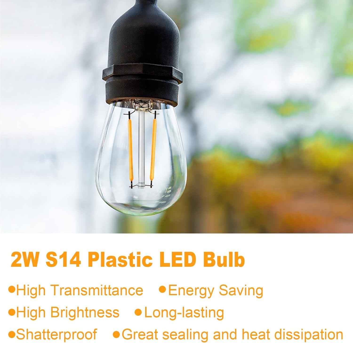 BRIMAX - 49Ft Outdoor Patio Led Edison String Lights for Caf&eacute; outside Lights D&eacute;cor, 15 E27 Socket,15+1 2W S14 LED Non-Dimmable Filament Bulb, for Christmas Decoration image number 1